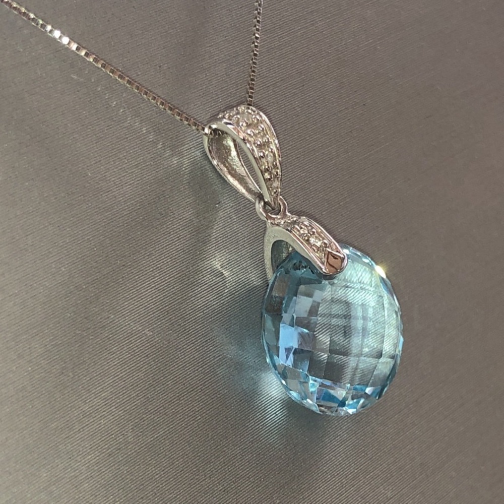 Solid 14K White Gold Fancy Cut Round Blue Topaz Diamond Accent Pendant Necklace